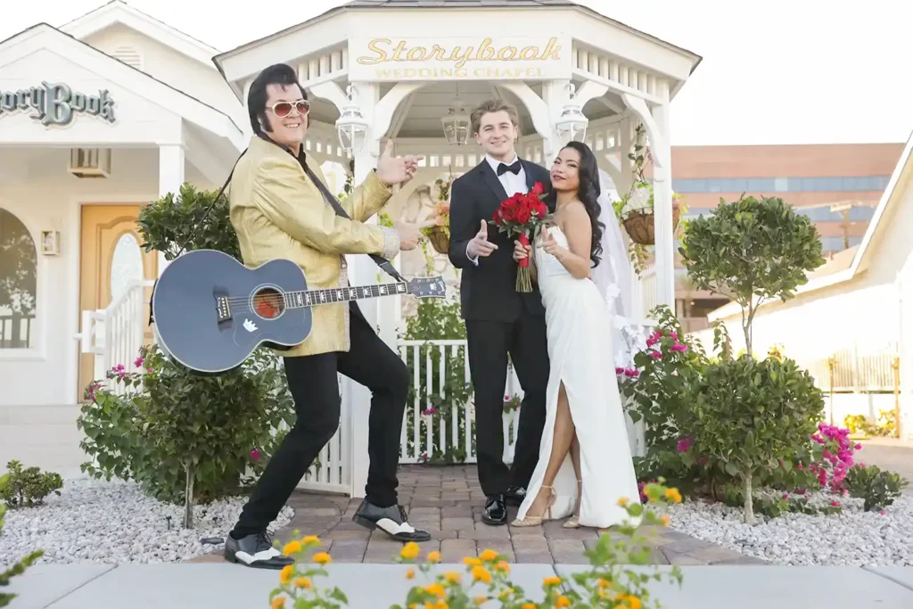 Las Vegas Elvis & Las Vegas Wedding Couple by Gazebo at Storybook Chapel