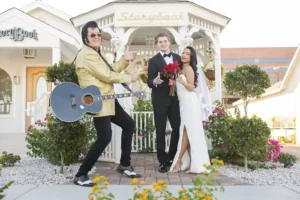 Las Vegas Elvis & Las Vegas Wedding Couple by Gazebo at Storybook Chapel